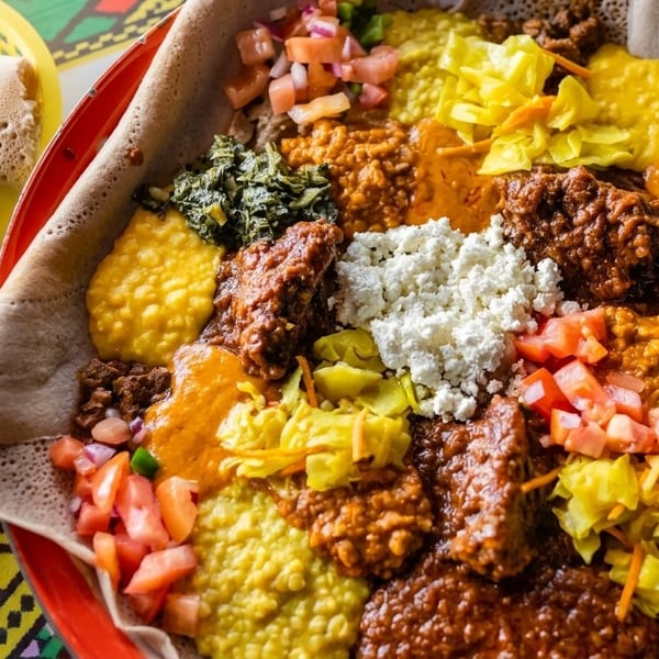 Colorful Ethiopian injera platter with various stews, vegetables, and rolled injera on the side.