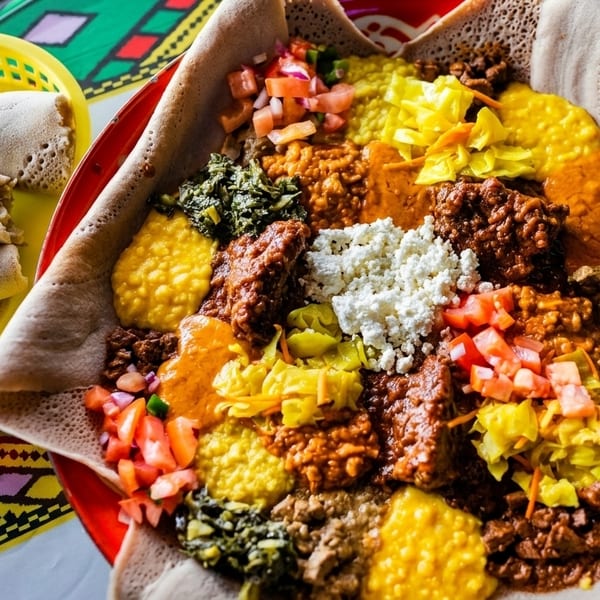 Colorful Ethiopian injera platter with various stews, vegetables, and rolled injera bread.