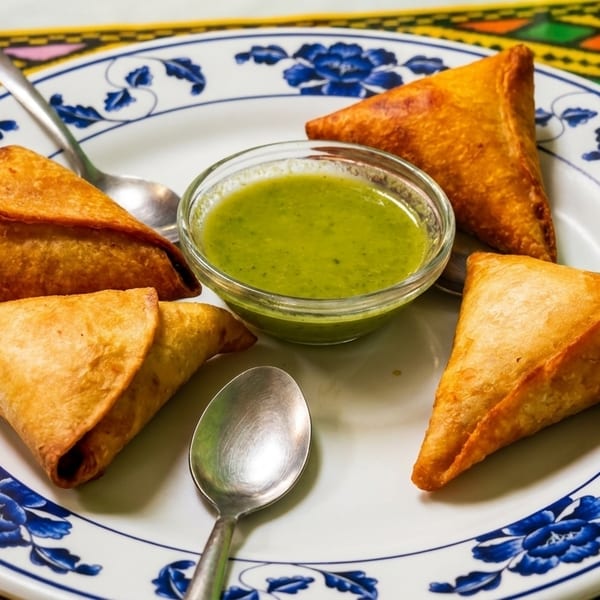 Four golden-brown samosas and a bowl of green chutney on a white plate with blue floral patterns.