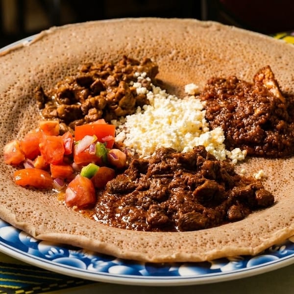 Ethiopian injera bread topped with various stews, crumbled cheese, and fresh tomato salad.