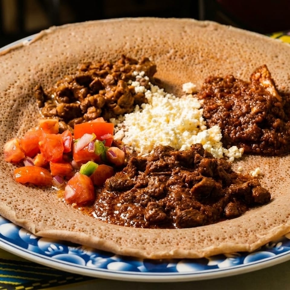 Ethiopian injera bread topped with various stews, crumbled cheese, and fresh tomato salad.
